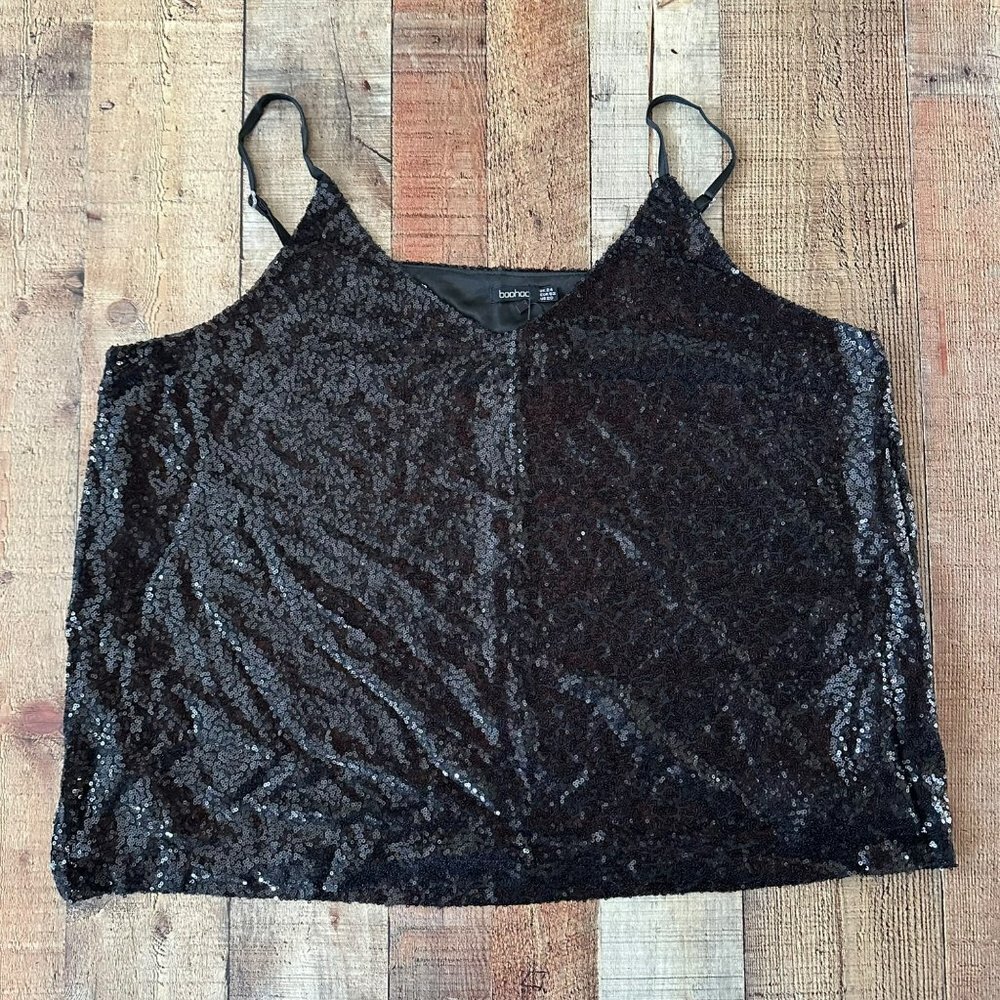 Boohoo black sequin v-neck cami plus size women's 24